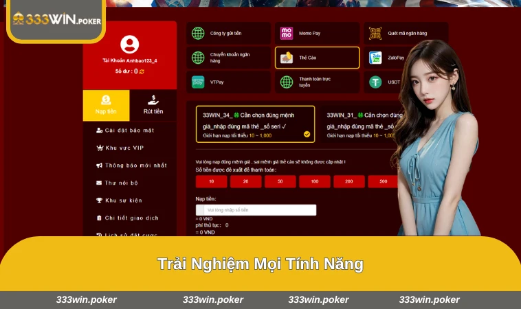 Người chơi thực hiện nạp/rút tiền đơn giản chỉ trong vài bước