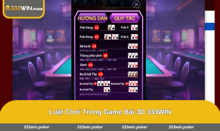 Game Bài 3D 333WIN 2 Giao diện bàn chơi 3D với luật hiển thị rõ ràng và dễ quan sát