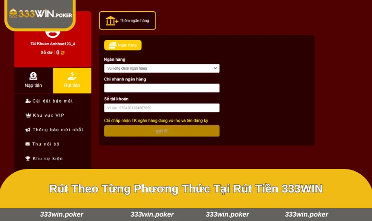 Giao diện rút tiền với các phương thức ngân hàng và ví điện tử